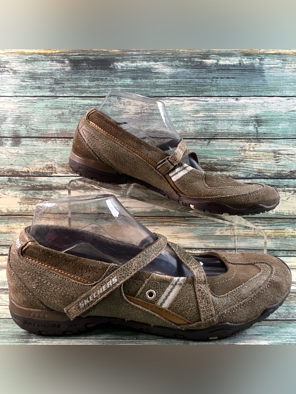 Skechers Mary Janes Womens Size 9.5 Olive Green/Brown Suede Hook & Loop Strap